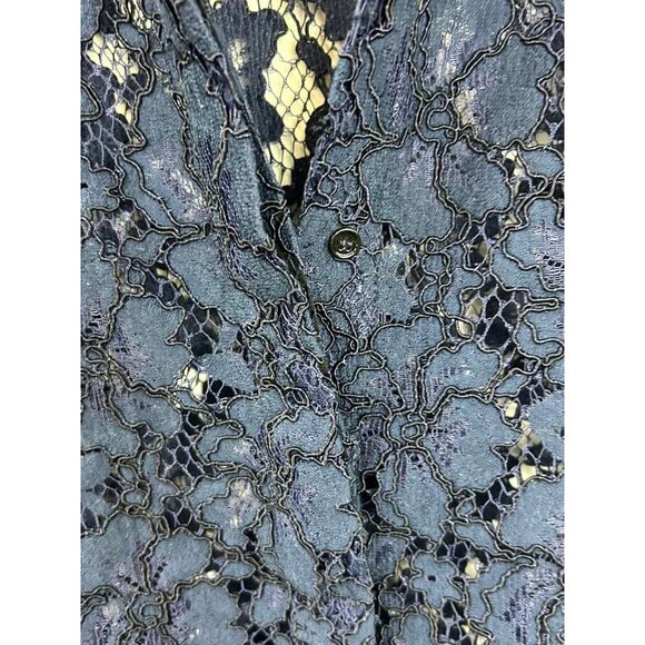 Sandro Paris Top Women's 1 Blue Lace Floral Long Sleeve Button Up Collar Sheer - Picture 11 of 16